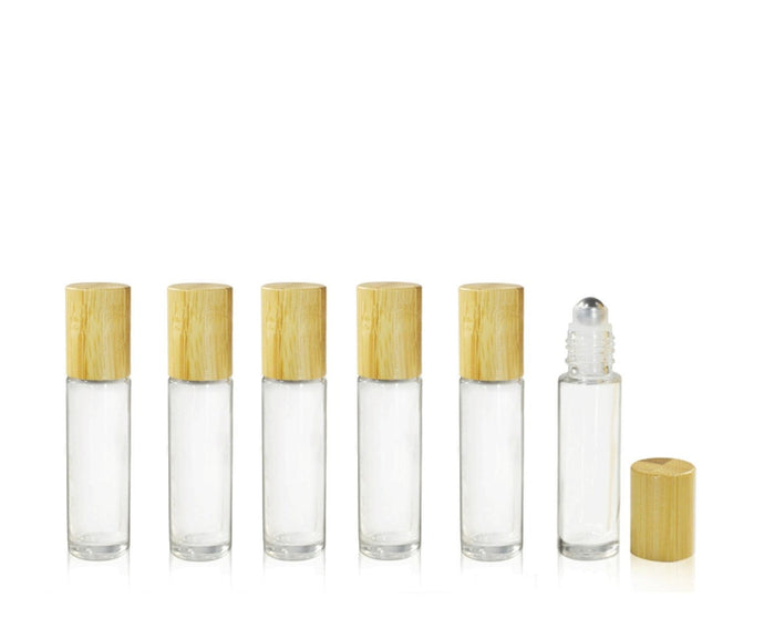 12 Natural BAMBOO CAPS on Clear 10mL DELUXE Rollerball Bottles Metal Steel Rollers 1/3 Oz Roll-Ons
