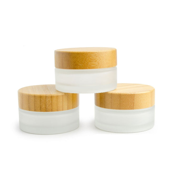3 NATURAL BAMBOO Caps on Premium FROSTED Glass 30mL Jars, w/ Sealing Liners, for Face Cream, Luxury Spa Cosmetic Packaging Containers