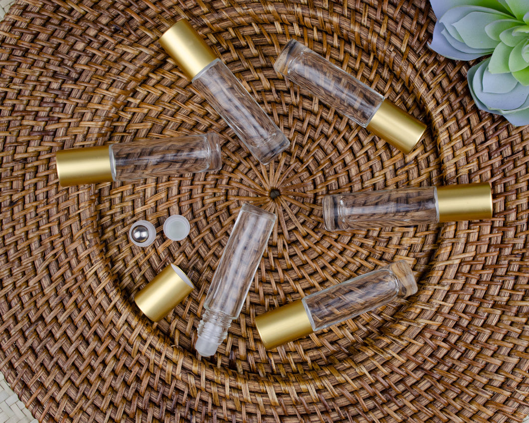 10 ml Clear Roller Bottle with Matte Gold Caps (6-Pack)
