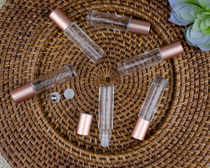 10ml Clear Roller Bottle with Matte Rose Gold Caps (6-Pack)