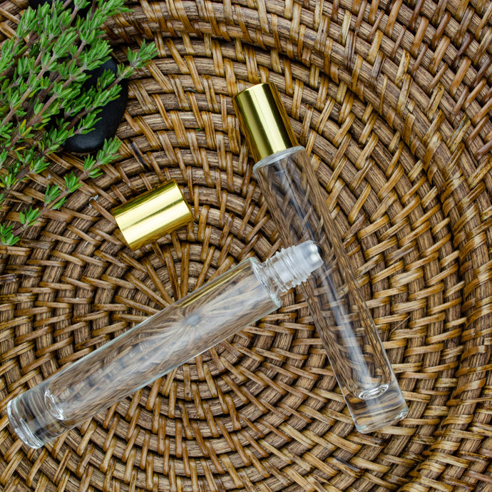 1 10ml THIN Cylindrical Glass Roller Bottle LUXURY Essential Oil Roller MATTE Gold Cap Clear Glass Roll-on Bottle, Steel Roller, 1/3 Oz, Gold, Silver or White Cap Options