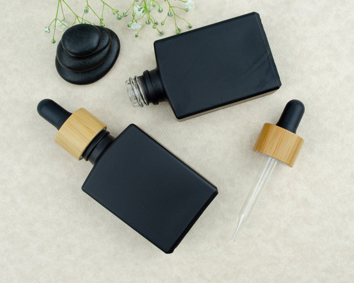 1 Flat SQUARE BLACK MATTE 30ml Glass Dropper Bottle with NATURAL BAMBOO Cap, 30ml 1 Oz