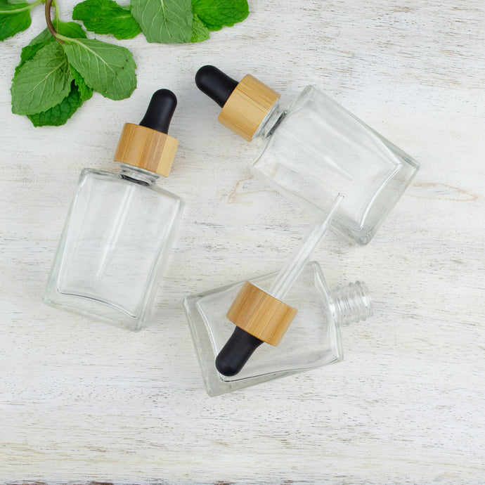 3 pcs 30ml Flat Square (1 Oz) Glass Dropper Bottle with NATURAL BAMBOO Collars for Serum, Elixirs Essential Oil Foundation