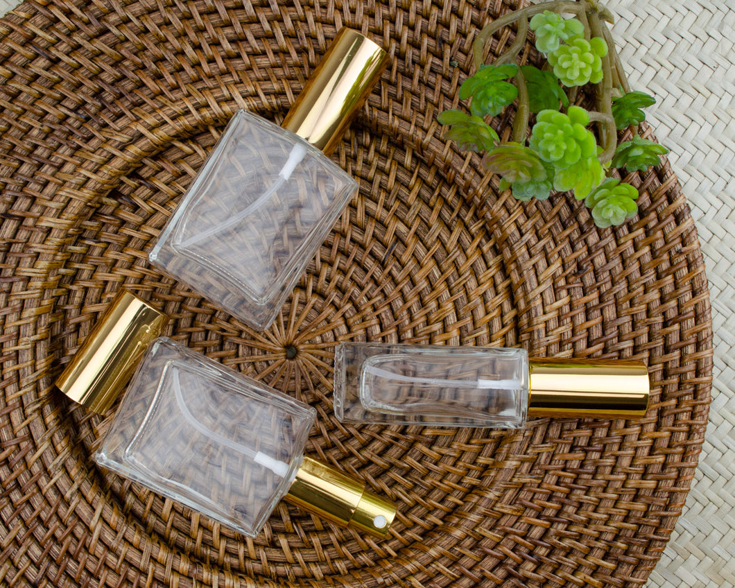 1 PERFUME ATOMIZER Empty GLASS Spray Bottles Flat Rectangle Shape 1 Oz or 2 Oz Silver Gold  30ml, 60ml