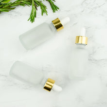 Load image into Gallery viewer, 1 FROSTED 30ml Glass Bottles w/ Metallic Gold Glass Dropper Pipette 1 Oz
