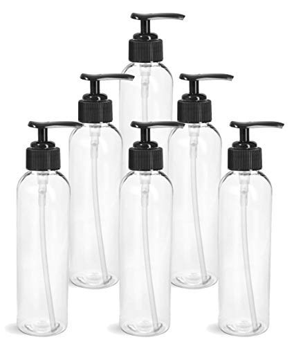 Grand Parfums EMPTY 8 Oz CLEAR Plastic Soap Dispenser Bottles with BLACK Lotion Pumps, for Gel, Soap, Shampoo, Body Lotion, Cream, Refillable (6 Bottles)