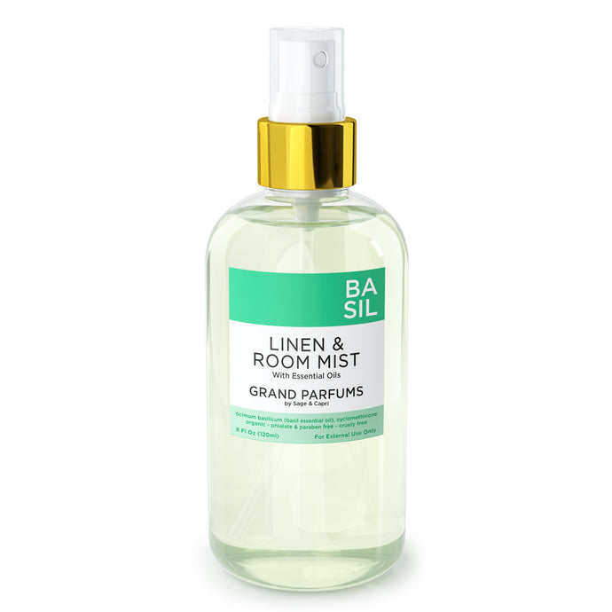 Organic Basil Spray Mist for Room, Linens and Body - by Sage & Capri for Grand Parfums - 240mL/8 Oz