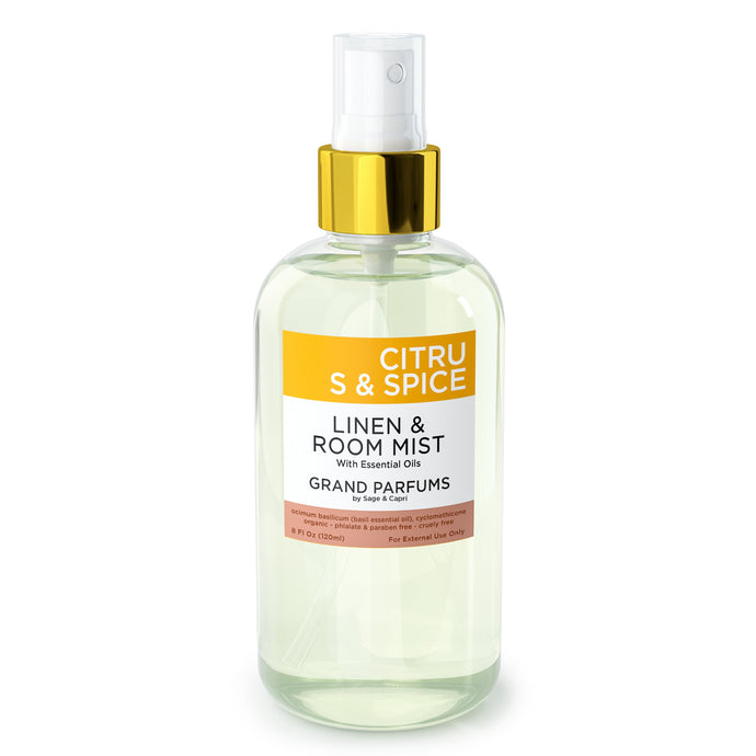 Organic Citrus & Spice Spray Mist for Room, Linens and Body - by Sage & Capri for Grand Parfums - 240mL/8 Oz