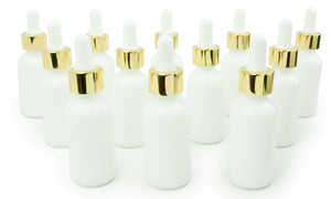 50 White Opaque MILK GLASS 30ml Bottles Metallic Gold & White Dropper 1 Oz