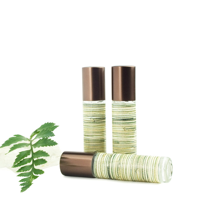 GREEN GRASS-CLOTH VINTAGE BRONZE Aluminum Cap 10ml Glass Roller Bottle Set of 3