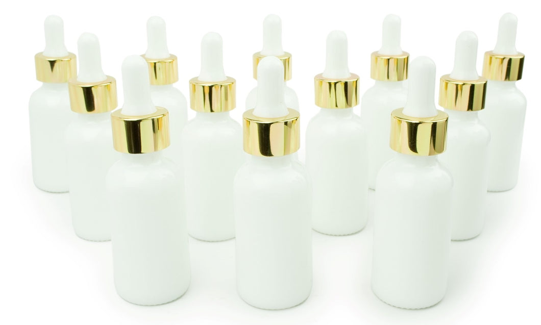 100 White GLASS 30ml Bottles Metallic Gold & White Dropper 1 Oz