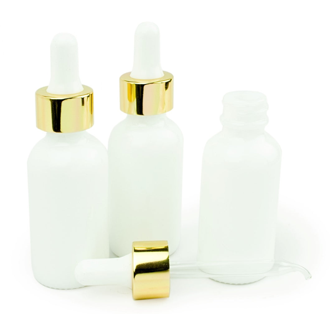12 White MILK GLASS 30ml Bottles Metallic Gold & White Dropper 1 Oz