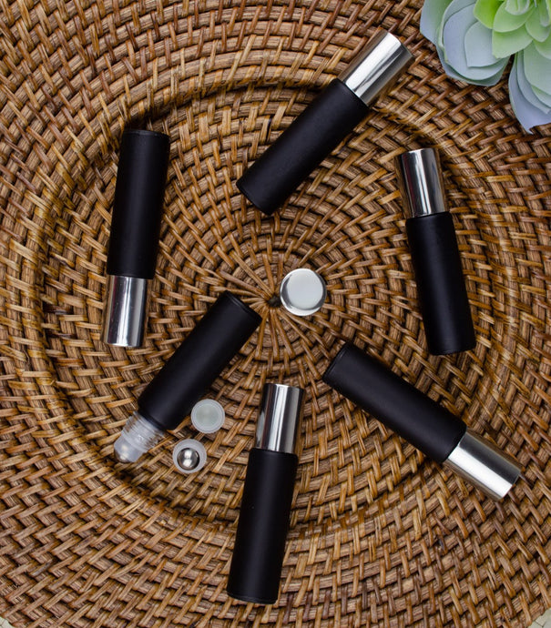 6-12Pcs BLACK MATTE or SHINY W/ GUNMETAL Caps 10ml Rollers