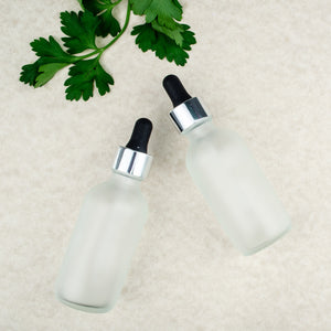 1 FROSTED  2oz Glass Bottles w/ Metallic Silver Glass Dropper Pipette