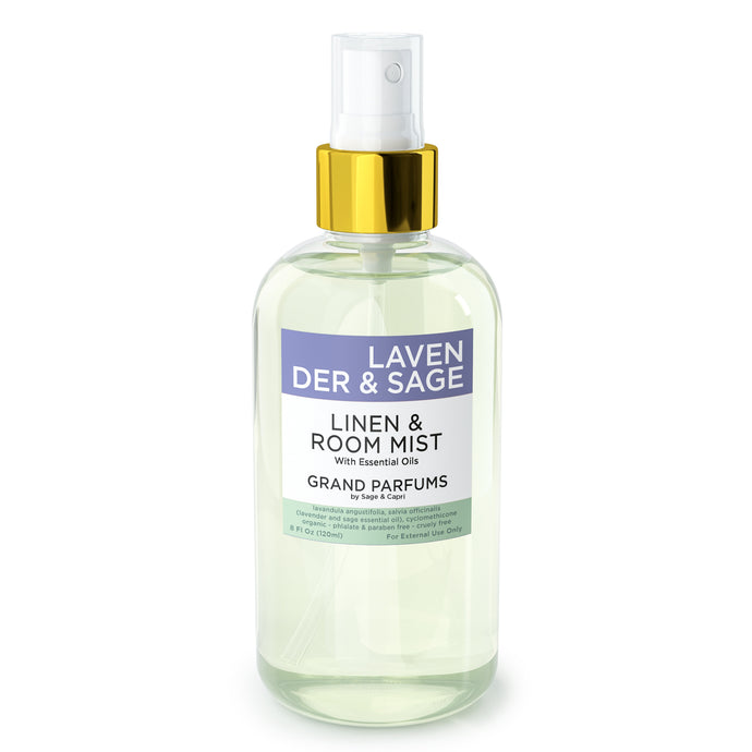 Organic Lavender & Sage Spray Mist for Room, Linens and Body - by Sage & Capri for Grand Parfums - 240mL/8 Oz