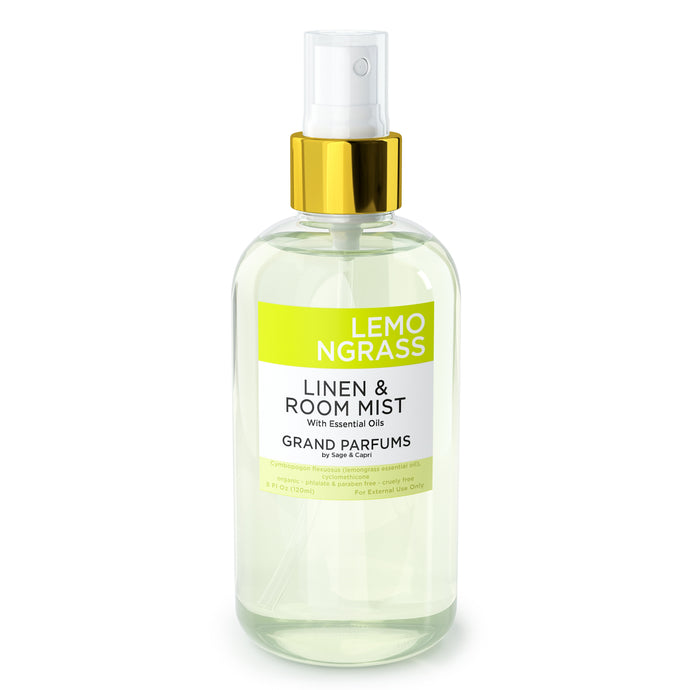 Organic Lemongrass Spray Mist for Room, Linens and Body - by Sage & Capri for Grand Parfums - 240mL/8 Oz