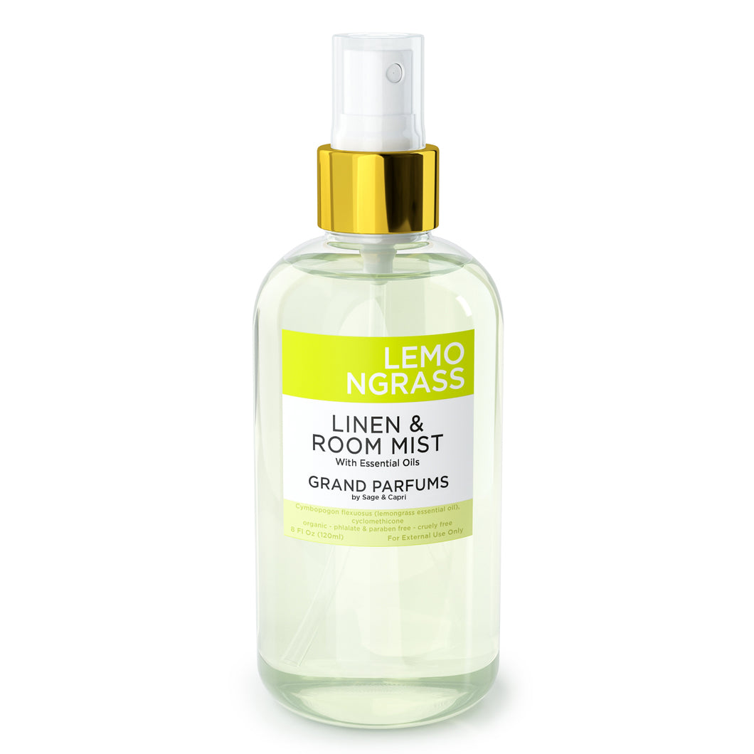 Organic Lemongrass Spray Mist for Room, Linens and Body - by Sage & Capri for Grand Parfums - 240mL/8 Oz