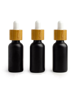 Single AMBER 30ml Essential Oil Glass BAMBOO Dropper Bottles 1Oz Boston Round w/Glass Pipettes White or Black Bulbs