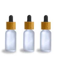 Load image into Gallery viewer, Single AMBER 30ml Essential Oil Glass BAMBOO Dropper Bottles 1Oz Boston Round w/Glass Pipettes White or Black Bulbs