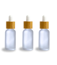 Load image into Gallery viewer, Single AMBER 30ml Essential Oil Glass BAMBOO Dropper Bottles 1Oz Boston Round w/Glass Pipettes White or Black Bulbs