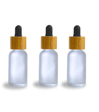 Load image into Gallery viewer, 3 Dark AMBER 30ml BAMBOO Dropper Bottles 1 Oz Boston Round Shape Glass Pipette White or Black Bulbs