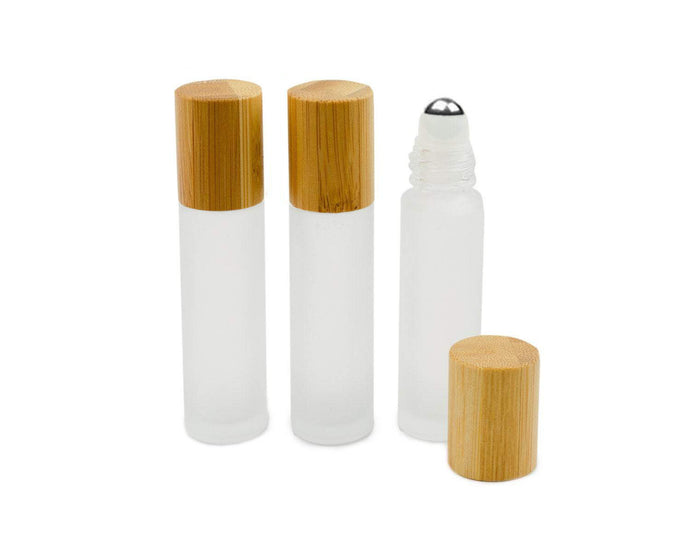 100 natural bamboo caps, frosted clear glass 10ml deluxe rollerball bottles stainless steel rollers 1/3 oz roll-ons essential oil perfume, green pkg!