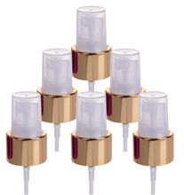 Load image into Gallery viewer, 20/410 Shiny Gold and Natural Hooded FIne Mist Spray Sprayer Atomizer Caps Fit Our 1 and 2 Oz GLASS Boston Round Bottles and 4 Oz Cosmo Plastic Bottles 20-410