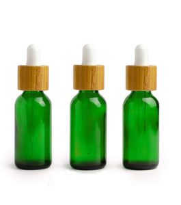 Single AMBER 30ml Essential Oil Glass BAMBOO Dropper Bottles 1Oz Boston Round w/Glass Pipettes White or Black Bulbs