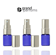 Load image into Gallery viewer, 6 Cobalt Blue Glass 2ML Fine Mist Atomizer Bottles  w/ Silver Metallic Spray Mist Caps Perfume Cologne Travel Size Sample Packaging Bulk