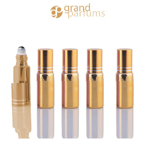 5 UPSCALE GOLD 5ml Glass Essential Oil Glass Roll On Bottles Stainless Steel Roller (1/3 Oz) Fabulous Metallic Colors UV Coating   5 ml