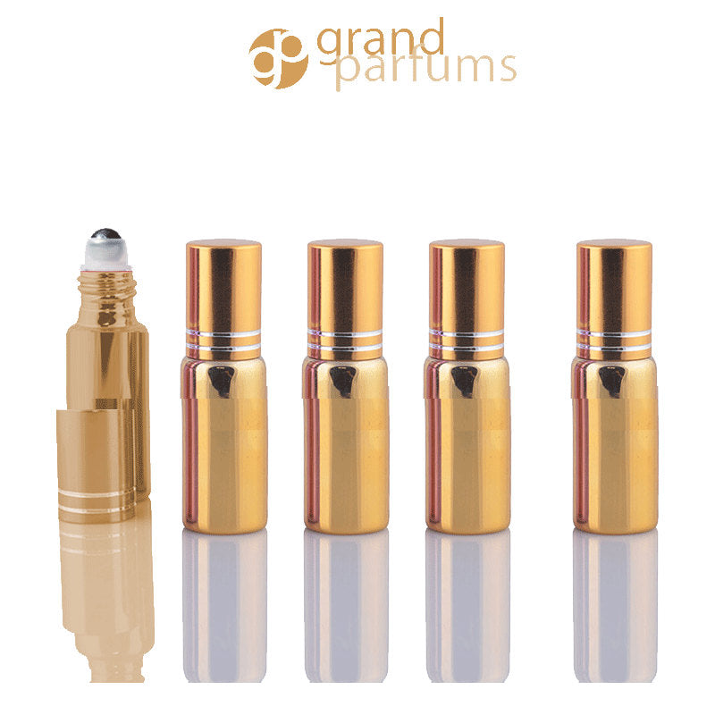 5 UPSCALE GOLD 5ml Glass Essential Oil Glass Roll On Bottles Stainless Steel Roller (1/3 Oz) Fabulous Metallic Colors UV Coating   5 ml