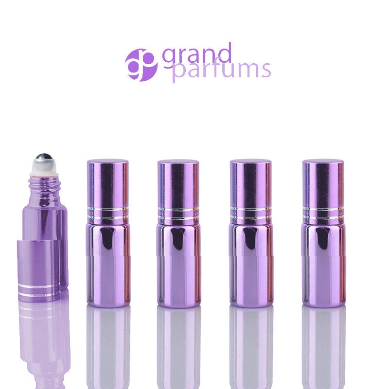 5 UPSCALE LAVENDER 5ml Glass Essential Oil Glass Roll On Bottles Stainless Steel Roller (1/3 Oz) Fabulous Metallic Colors UV Coating   5 ml