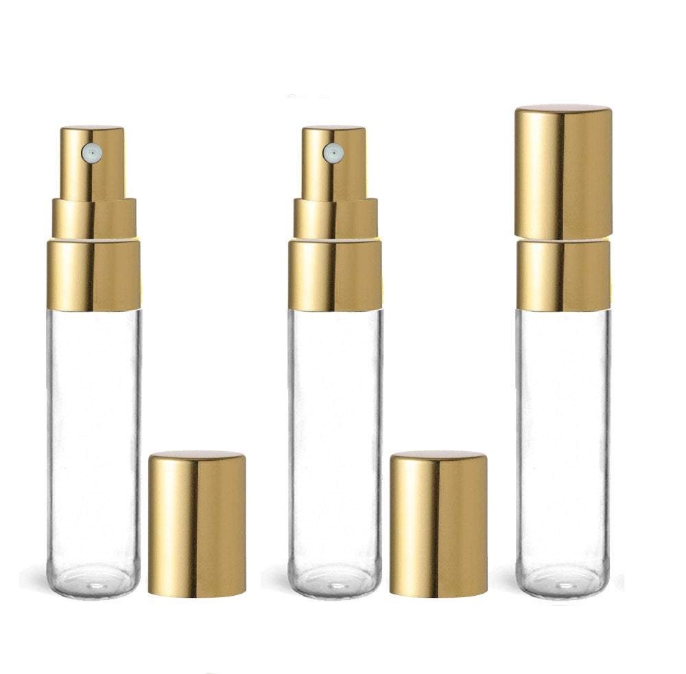 24 Clear Glass 5ml Fine Mist Atomizer Bottles 5 ml w/ Gold Metallic Spray Mist Caps Perfume Cologne Travel Size Sample Packaging Bulk