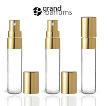Load image into Gallery viewer, 6 GOLD or SILVER Printed Glass 5ml Fine Mist Atomizer Bottles 5 ml w/ Metallic Spray Mist Cap Perfume Cologne Travel Size Sample Party Favor
