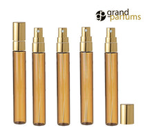 Load image into Gallery viewer, 3 LUXURY Long Slim Glass 10ml Amber Perfume Atomizers, Fine Mist Sprayer, 1/3 Oz Cologne Blends, Samples, Exculsive Private Label Packaging