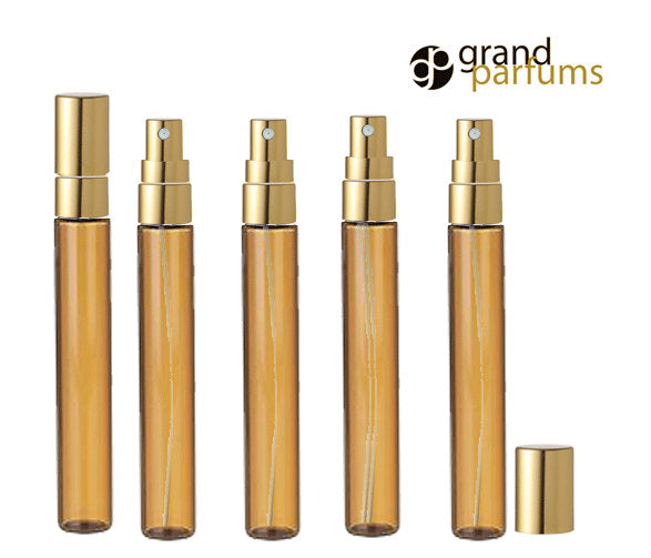 3 LUXURY Long Slim Glass 10ml Amber Perfume Atomizers, Fine Mist Sprayer, 1/3 Oz Cologne Blends, Samples, Exculsive Private Label Packaging