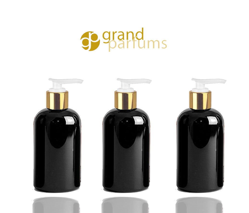 12 Shiny Black 8 Oz 240ml MODERN  PET Boston Round Plastic Bottles w/ Lotion Soap Pump SLEEK High End Private Label Packaging Spa, Haircare