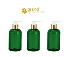 Load image into Gallery viewer, 12 Shiny Black 8 Oz 240ml MODERN  PET Boston Round Plastic Bottles w/ Lotion Soap Pump SLEEK High End Private Label Packaging Spa, Haircare