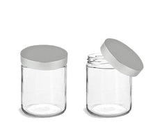 Load image into Gallery viewer, 3 Clear Flint GLASS 8 Oz Empty Cosmetic Jars 240ml w/ Matte Silver Metallic Upscale Caps Body Butter, Sugar Scrubs,  Bath Salt Conditioner