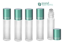 Load image into Gallery viewer, 6 FROSTED 10ml Very PREMIUM Roll On Bottles Stainless Steel Roller Balls 10 ml  1/3 Oz Essential Oil Perfume Lip Gloss Matte TEAL Green Cap