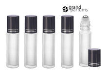 Load image into Gallery viewer, 6 FROSTED Rollers 10 ml PREMIUM Roll On Bottles Steel Balls 10ml  1/3 Oz Essential Oil Perfume Lip Gloss Shiny BLACK/Silver Cap