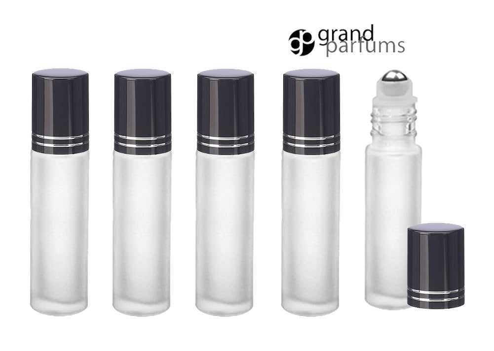 6 FROSTED Rollers 10 ml PREMIUM Roll On Bottles Steel Balls 10ml  1/3 Oz Essential Oil Perfume Lip Gloss Shiny BLACK/Silver Cap