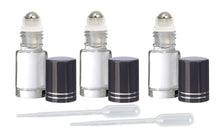 Load image into Gallery viewer, 12 Clear PREMIUM 5ml (Dram) Roll On Bottles w/ STAINLESS Steel Roller Balls 5 ml Essential Oil, Perfume Lip Gloss SHINY Black Caps Roll-on