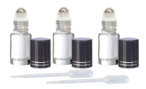 12 Clear PREMIUM 5ml (Dram) Roll On Bottles w/ STAINLESS Steel Roller Balls 5 ml Essential Oil, Perfume Lip Gloss SHINY Black Caps Roll-on