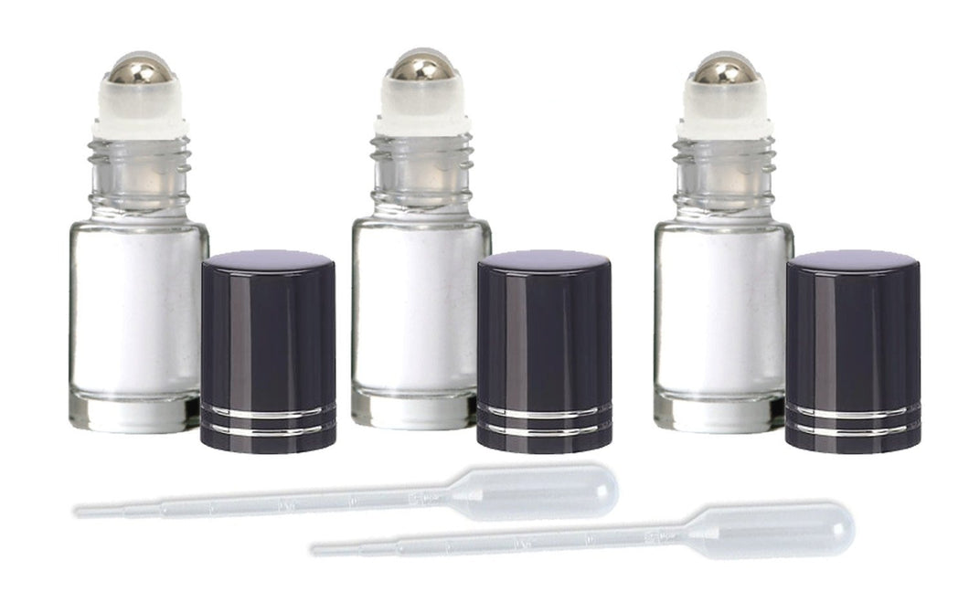 12 Clear PREMIUM 5ml (Dram) Roll On Bottles w/ STAINLESS Steel Roller Balls 5 ml Essential Oil, Perfume Lip Gloss SHINY Black Caps Roll-on