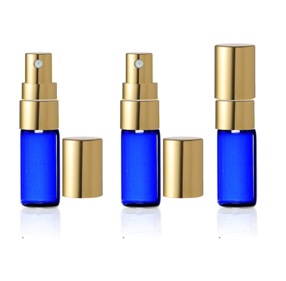 6 Cobalt Blue Glass 3ml Fine Mist Atomizer Bottles 3 ml w/ Gold Metallic Spray Mist Cap Perfume Travel Size Sample Packaging Inexpensive