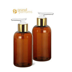 3 PREMIUM Amber 8 Oz Soap/Hand Cream, Shampoo/Conditioner Shiny 240ml MODERN PET Boston Round Plastic Bottles w/ Gold Metallic Lotion  Pump