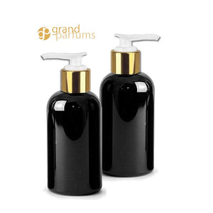 2 PREMIUM 8 Oz Soap/Hand Cream, Shampoo/Conditioner Shiny Clear 240ml MODERN PET Boston Round Plastic Bottles w/ Gold Metallic Lotion  Pump