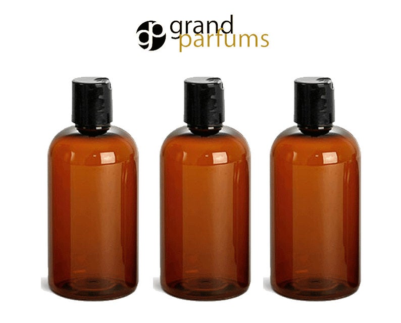 4 BPA Free PET Plastic 8 Oz Amber (240ml) Boston Round Bottles w/ Black Disc Cap for Cream Lotion, Shampoo, Conditioner, Private Label, DIY