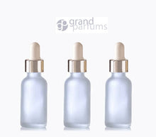 Load image into Gallery viewer, 3 FROSTED 30ml Glass Bottles w/ Metallic Gold Glass Dropper Pipettes 1 Oz UPSCALE LUXURY Cosmetic Skincare Packaging, Serum, Essential Oil